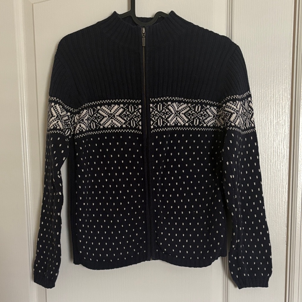 Lands' End Navy Blue  and White Women's Zip-Up Cottage core Style Sweater